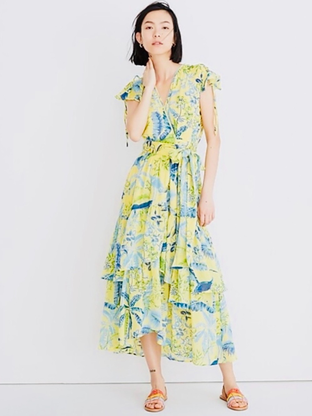 Yellow Tropical Print Wrap Dress